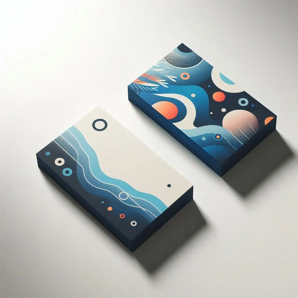 Wizytówki z kolorowymi motywami na białym biurku